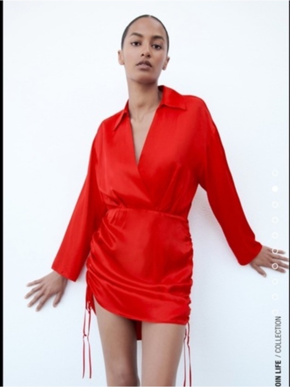 Zara Women’s Bright Red Long Sleeve Wrap-Style Mini Dress with Ruched Drawstring